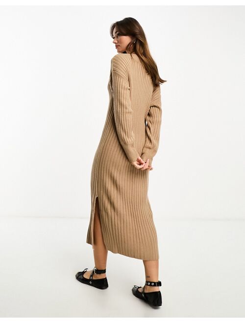 River Island v-neck ribbed maxi sweater dress in cream