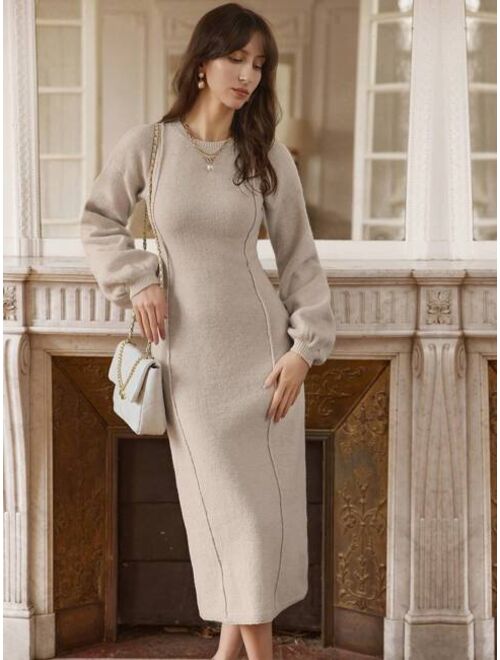 SHEIN Frenchy Women s Solid Color Lantern Sleeve Sweater Dress