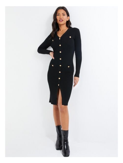 QUIZ Women's Gold Button Pocket Knit Long Sleeve Dress