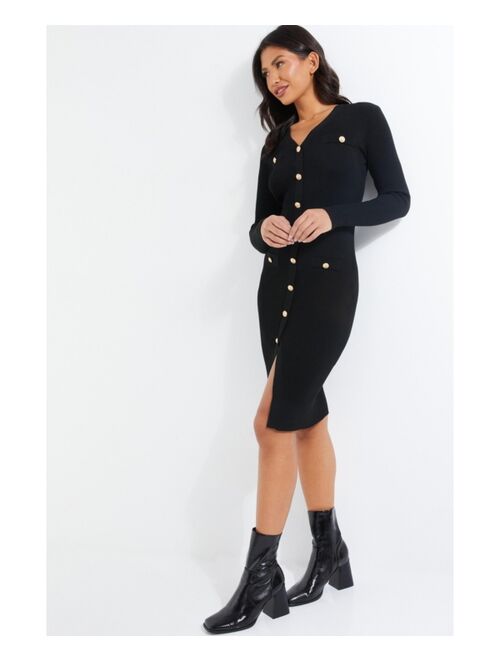 QUIZ Women's Gold Button Pocket Knit Long Sleeve Dress