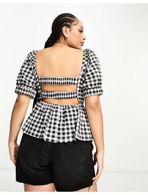 ASOS Curve ASOS DESIGN Curve puff sleeve textured smock blouse in gingham