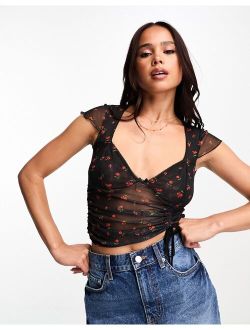 mesh mix short sleeve top with ruching in black ditsy floral