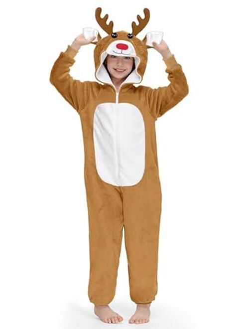 IIMMER Christmas Unisex Kids Cute Reindeer Costume Zip Up Plush Animal Onesie 5-12 Years