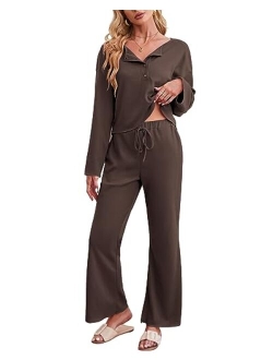 Women Waffle Knit Pajamas Lounge-Set 2 Piece Outfits Pullover Top and Pants Loungewear Matching Sweatsuits with Pockets