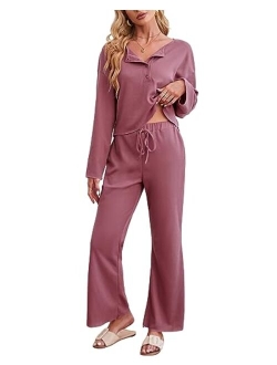 Women Waffle Knit Pajamas Lounge-Set 2 Piece Outfits Pullover Top and Pants Loungewear Matching Sweatsuits with Pockets