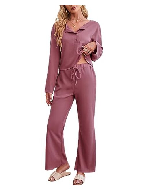 ZAFUL Women Waffle Knit Pajamas Lounge-Set 2 Piece Outfits Pullover Top and Pants Loungewear Matching Sweatsuits with Pockets