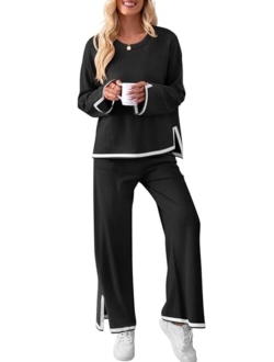 Lounge Sets for Women Oversized 2 Piece Fall Sets Sweater Top Wide Leg Pants Knit Loungewear