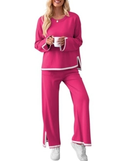 Lounge Sets for Women Oversized 2 Piece Fall Sets Sweater Top Wide Leg Pants Knit Loungewear