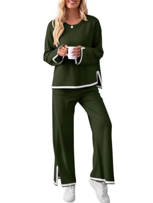 MEROKEETY Lounge Sets for Women Oversized 2 Piece Fall Sets Sweater Top Wide Leg Pants Knit Loungewear