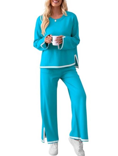 MEROKEETY Lounge Sets for Women Oversized 2 Piece Fall Sets Sweater Top Wide Leg Pants Knit Loungewear