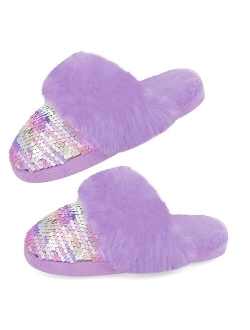 Orthoshoes Girls Fluffy Slippers,Sequin Faux Fur Fuzzy Slip-on House Slippers with Memory Foam House Shoes for Girls Bedroom Slippers