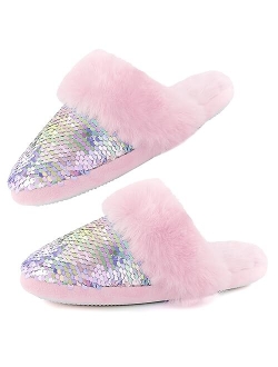 Orthoshoes Girls Fluffy Slippers,Sequin Faux Fur Fuzzy Slip-on House Slippers with Memory Foam House Shoes for Girls Bedroom Slippers