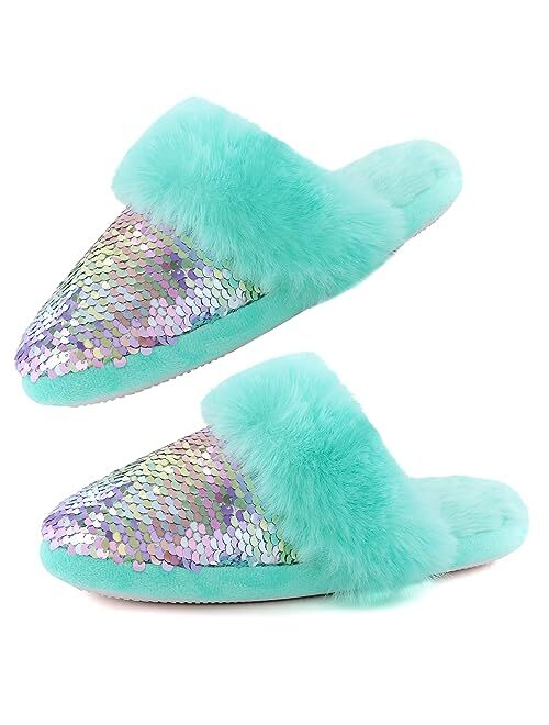 Orthoshoes Girls Fluffy Slippers,Sequin Faux Fur Fuzzy Slip-on House Slippers with Memory Foam House Shoes for Girls Bedroom Slippers