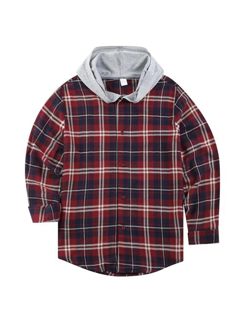 HOOGRIN Unisex Kids Flannel Plaid Shirts Boy Girl Button Down Long Sleeve Shirt with Hood 5-12Years