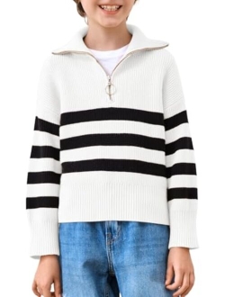 Haloumoning Boys Quarter Zip Striped Sweater Kids Fall Fashion Lapel Rib Knit Pullover Clothes 5-14 Years