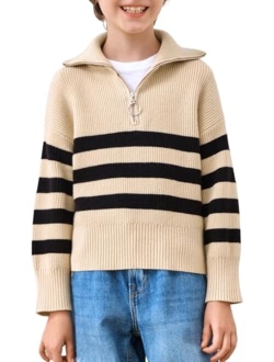 Haloumoning Boys Quarter Zip Striped Sweater Kids Fall Fashion Lapel Rib Knit Pullover Clothes 5-14 Years