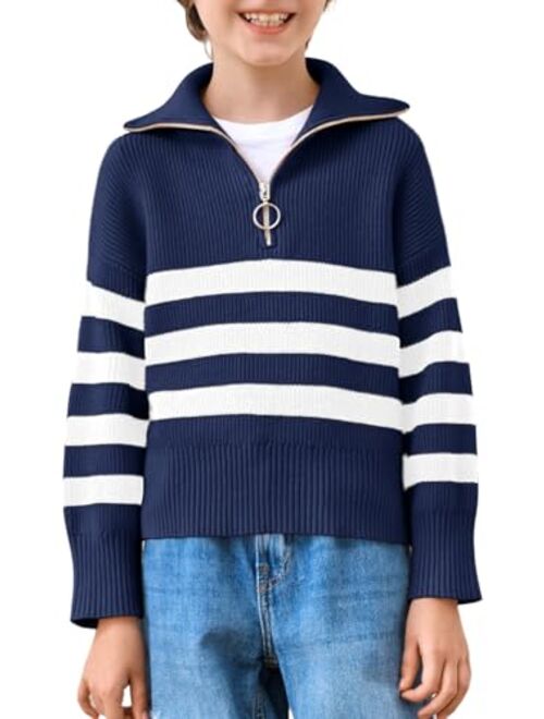 Haloumoning Boys Quarter Zip Striped Sweater Kids Fall Fashion Lapel Rib Knit Pullover Clothes 5-14 Years