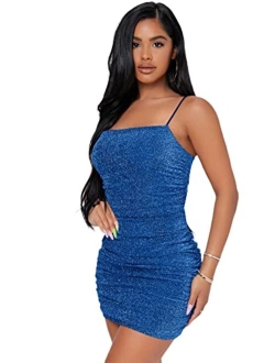 Women's Glitter Sleeveless Ruched Party Clubwear Bodycon Mini Dress