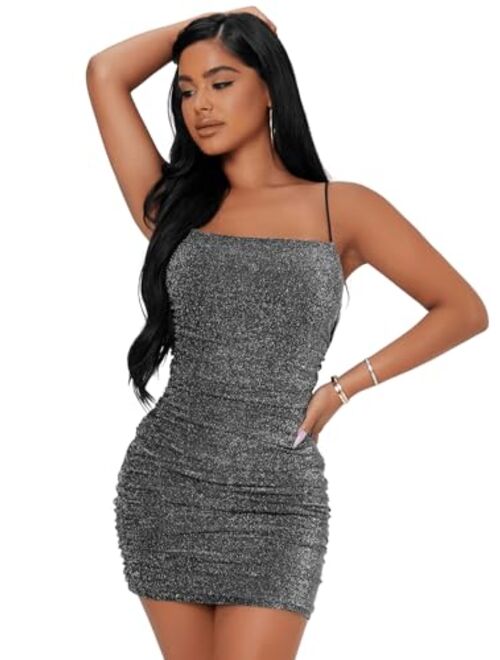 Floerns Women's Glitter Sleeveless Ruched Party Clubwear Bodycon Mini Dress