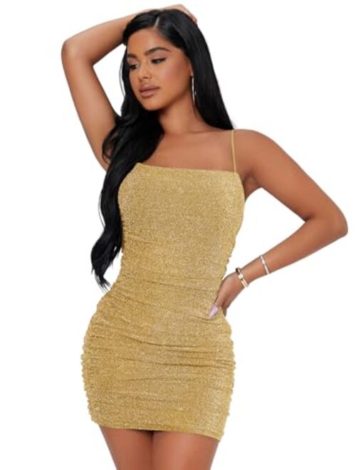 Floerns Women's Glitter Sleeveless Ruched Party Clubwear Bodycon Mini Dress