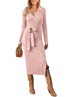 Women's 2023 Winter Sweater Dress Long Sleeve Polo V Neck Slit Bodycon Midi Dress with Belt