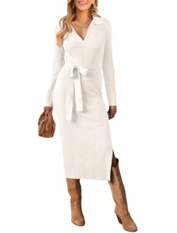 Women's 2023 Winter Sweater Dress Long Sleeve Polo V Neck Slit Bodycon Midi Dress with Belt