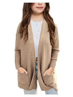 Goranbon Girls' Cardigan Sweaters Open Front Long Sleeve Casual Sweater Coats with Pockets