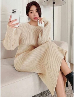 Ribbed Knit Drop Shoulder Sweater Dress