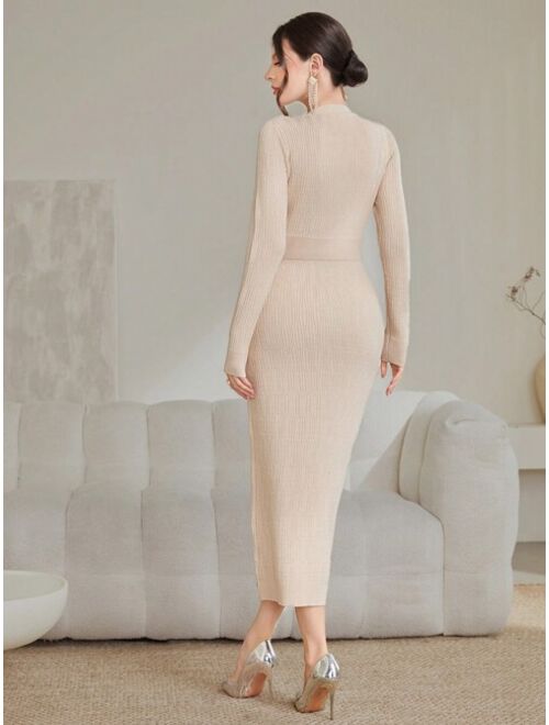 SHEIN Modely V Neck Button Embellished Long Sleeved Sweater Dress