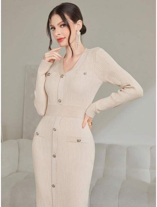 SHEIN Modely V Neck Button Embellished Long Sleeved Sweater Dress