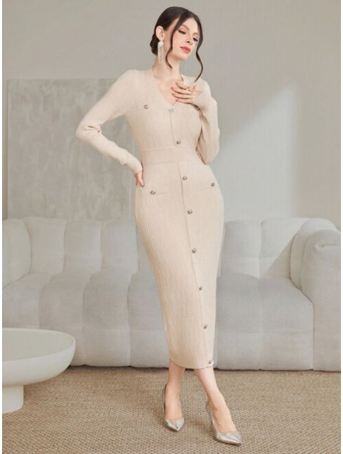 SHEIN Modely V Neck Button Embellished Long Sleeved Sweater Dress