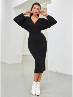 Solid Surplice Neck Cut Out Sweater Dress