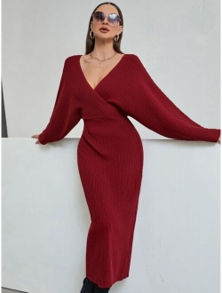 Solid Surplice Neck Cut Out Sweater Dress