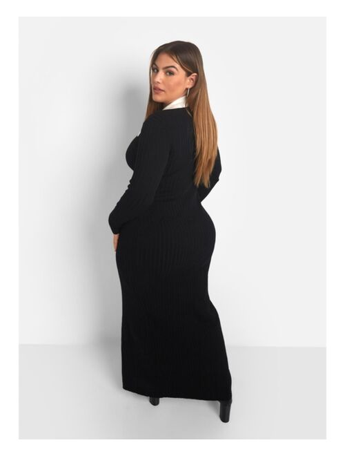 Rebdolls Women's Plus Size Eleanor Knit Contrast Collar Midi Bodycon Dress