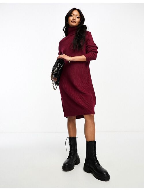 Vila high neck knit mini dress in burgundy