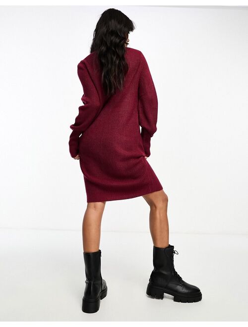 Vila high neck knit mini dress in burgundy