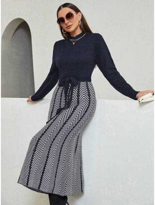 Contrast Color Knit Sweater Dress