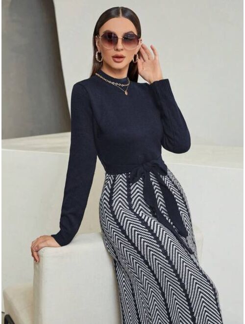 Contrast Color Knit Sweater Dress