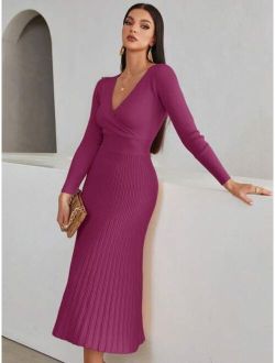 SHEIN Modely Surplice Neck Ribbed Knit Sweater Dress