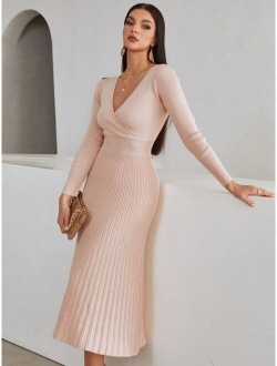 SHEIN Modely Surplice Neck Ribbed Knit Sweater Dress