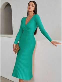 SHEIN Modely Surplice Neck Ribbed Knit Sweater Dress