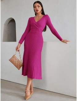 SHEIN Modely Surplice Neck Ribbed Knit Sweater Dress