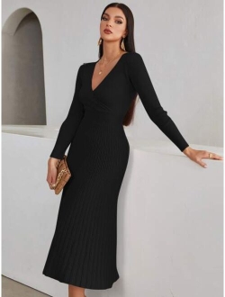 SHEIN Modely Surplice Neck Ribbed Knit Sweater Dress