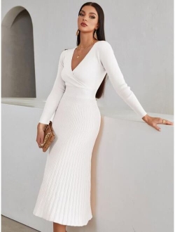 SHEIN Modely Surplice Neck Ribbed Knit Sweater Dress