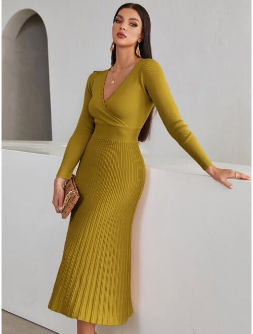 SHEIN Modely Surplice Neck Ribbed Knit Sweater Dress