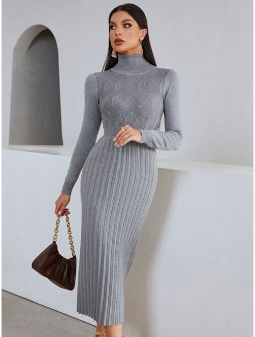 Turtleneck Textured Pleated Hem Sweater Dress