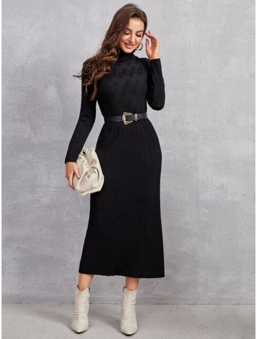 Turtleneck Textured Pleated Hem Sweater Dress