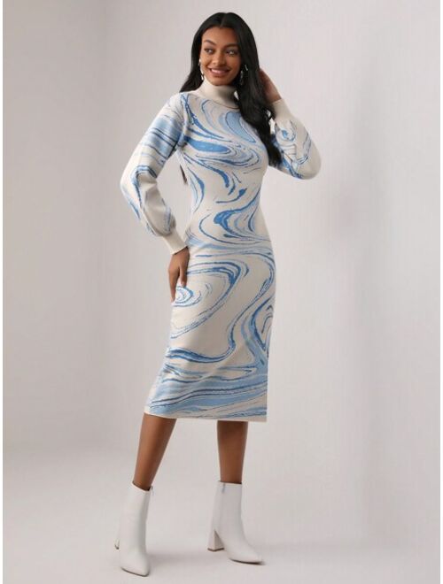 SHEIN STERLING Marble Pattern High Neck Split Thigh Sweater Dress