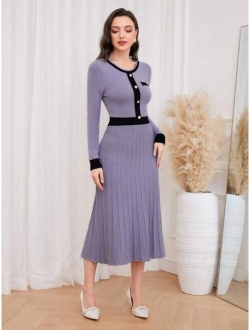 SHEIN Modely Women s Contrast Color Round Neck Button Sweater Dress