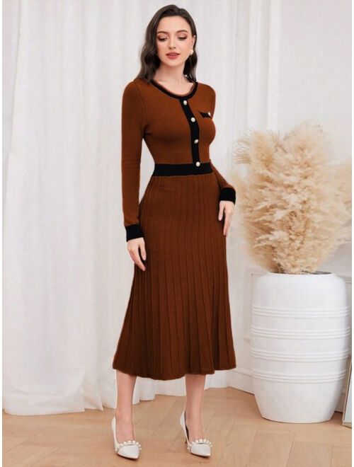 SHEIN Modely Women s Contrast Color Round Neck Button Sweater Dress